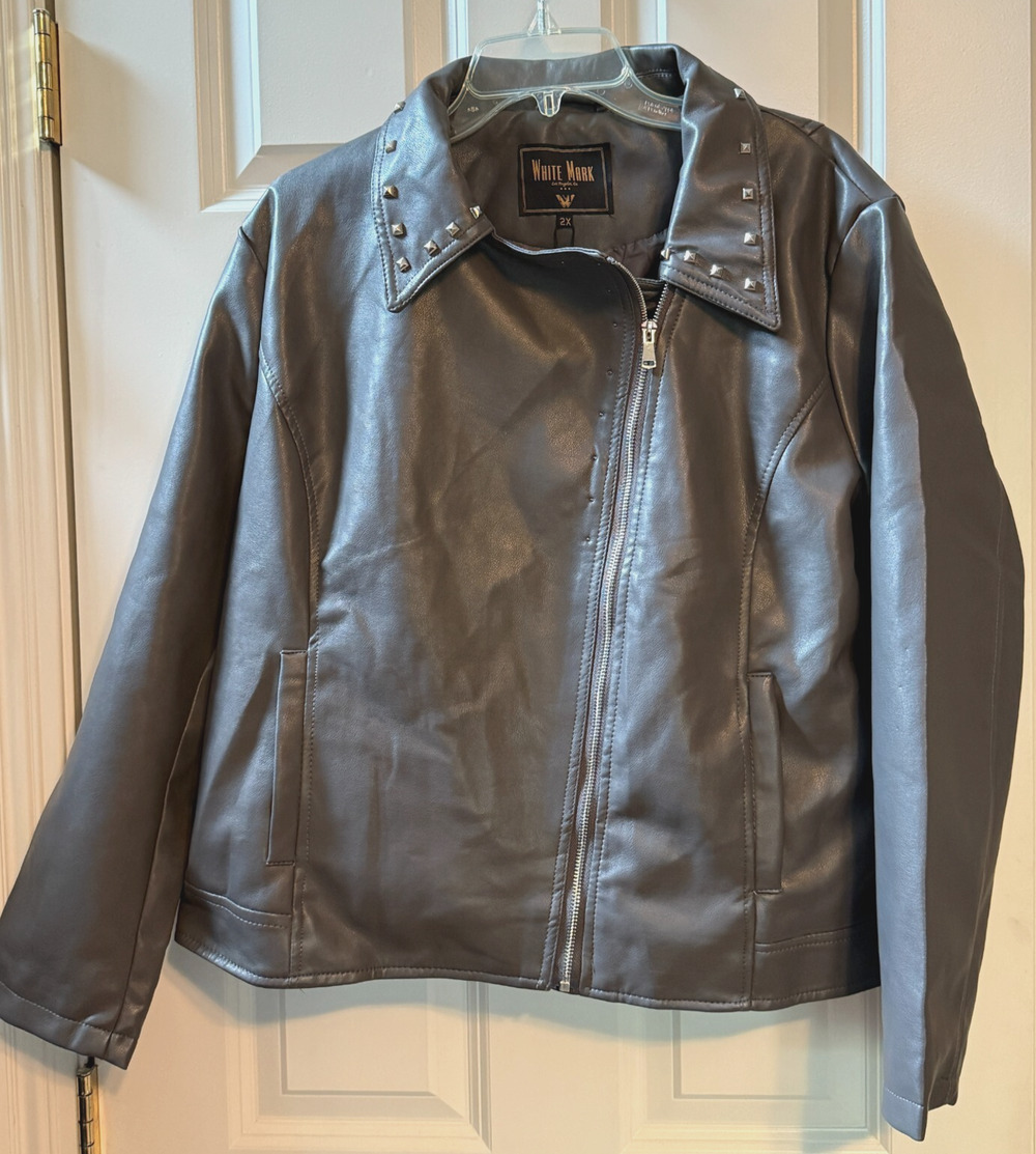 White Mark Gray Faux Leather Women’s Biker Jacket Gray Size 2X NEW With Tags